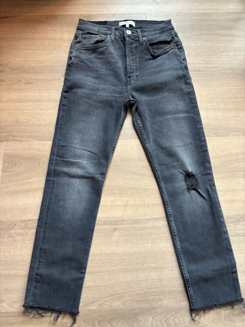 Re/Done Washed Black High-Rise Distressed Straight Jeans- size 28 - Picture 2 of 9